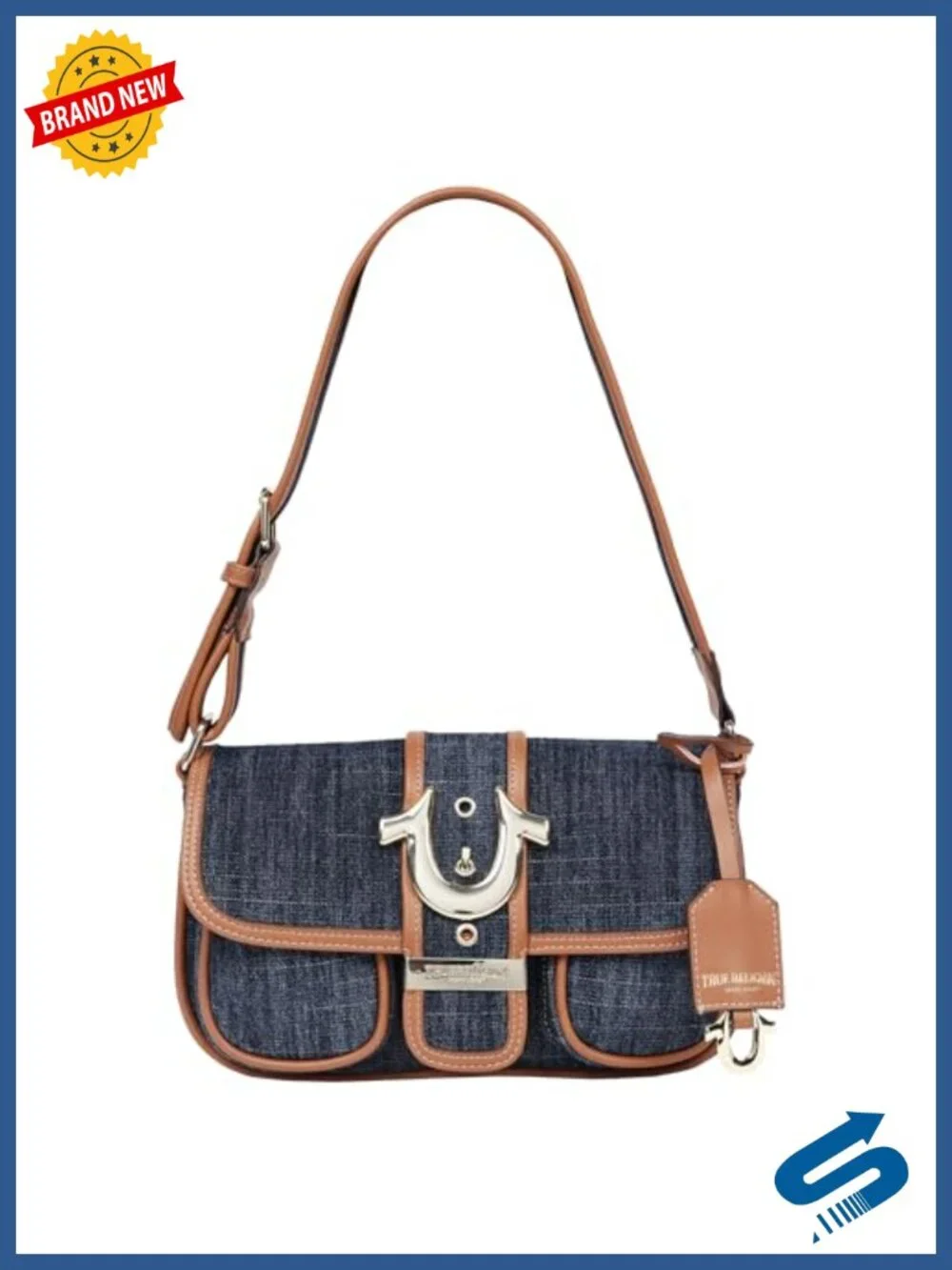 Denim Satchel with Horseshoe Hardware, 4 Pockets, Adjustable Strap